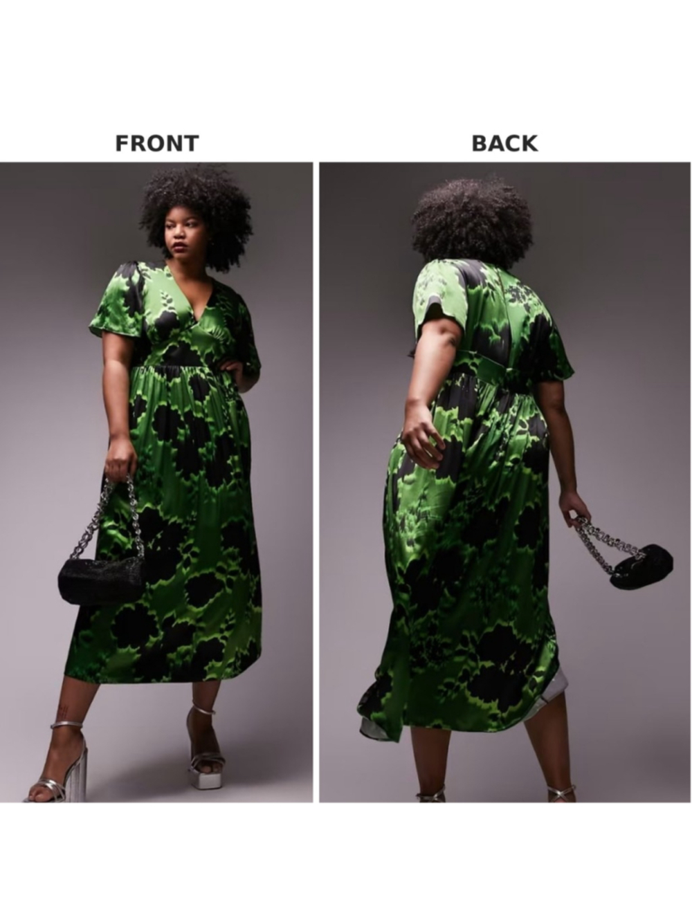 NWOT Topshop Curve Green Black Tie Dye Maxi Dress US 20 V-Neck Flutter Sleeve
